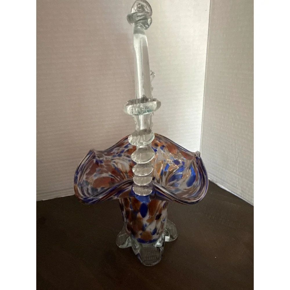 Vintage Hand Blown Art Glass Basket Confetti Blue Orange Splatter Thorn Handle